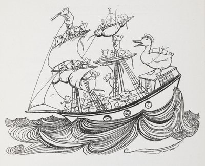 Ein Schiff, bemannt von Mäusen und kommandiert von einer Ente. von Arthur Rackham