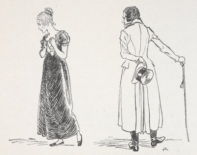 Ein junges Paar streitet, die Frau hat sich abgewandt und hält ein Taschentuch an ihre Brust von Arthur Rackham