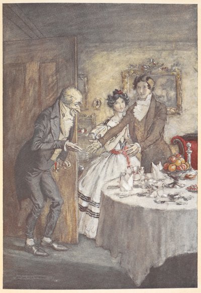 Ein junger Mann und eine junge Frau begrüßen Scrooge zu einem Essen in ihrem Speisezimmer von Arthur Rackham
