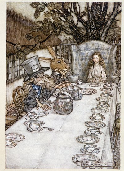 Alice nimmt den Hut und den Märzhasen - in „Die Abenteuer von Alice im Wunderland“, Lewis Carroll, ill. von Arthur Rackham (1867-1939) von Arthur Rackham