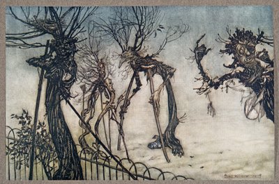 Ein Holunderbaum humpelte über den Weg und stand plaudernd mit einigen kleinen Kindern .., aus Peter Pan in Kensington Gardens von J. M. Barrie (1860 - 1937), veröffentlicht 1906 von Arthur Rackham