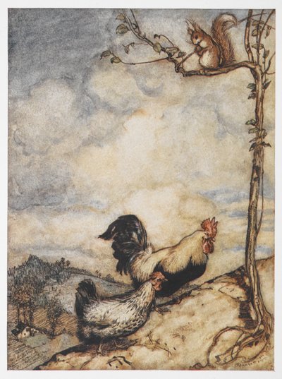 Illustration eines Huhns, Hahns und Eichhörnchens aus 