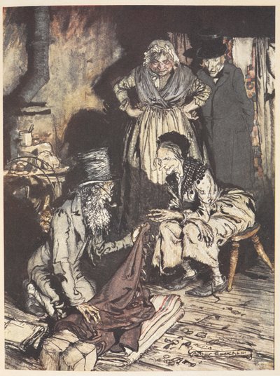 Eine alte Familie in ihrem Haus mit einem Mann, der ihnen Vorhänge anbietet von Arthur Rackham