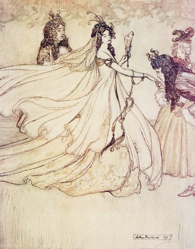 Aschenputtel geht zum Ball, aus Die Märchen der Brüder Grimm, veröffentlicht 1909 von Arthur Rackham