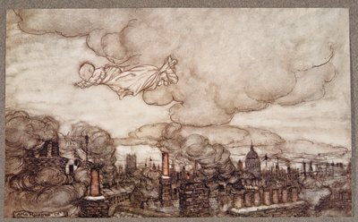 Er flog über die Häuser zu den Gärten, aus Peter Pan in Kensington Gardens von J M Barrie, veröffentlicht 1906 von Arthur Rackham