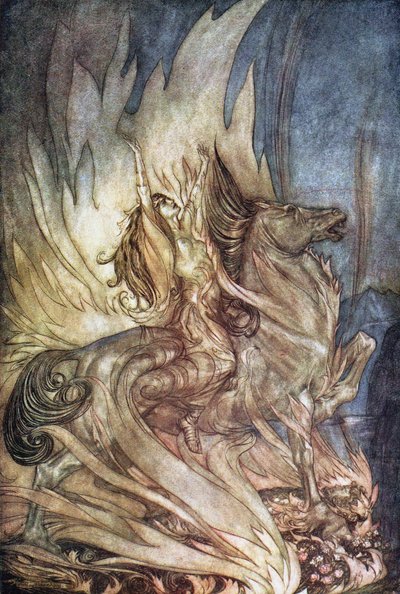 Brünnhilde auf Grane springt auf den Scheiterhaufen von Siegfried. Illustration für Siegfried und Die Tw von Arthur Rackham