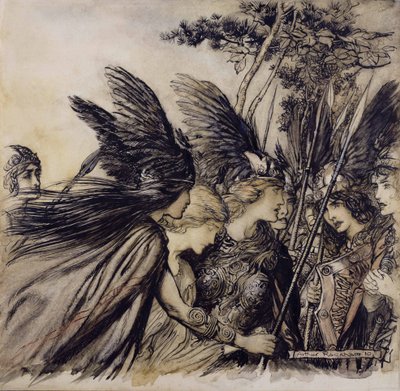 Brunnhilde fleht die Walküren an, Illustration aus Das Rheingold und die Walküre von Richard Wagner, Ausgabe veröffentlicht 1910 von Arthur Rackham