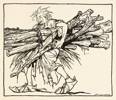 Carl baut einen Unterschlupf für die Nacht, aus The Carl of the Drab Coat in Irish Fairy Tales von Arthur Rackham