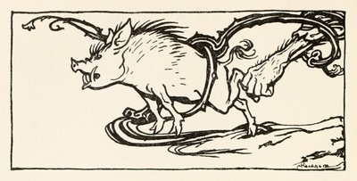 Carl fängt einen Wildschwein für sein Abendessen, aus The Carl of the Drab Coat in Irish Fairy Tales von Arthur Rackham