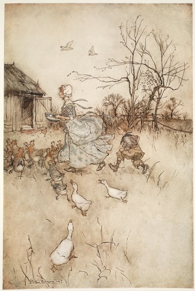 Ausgestattet mit einem Paar seiner väterlichen, abgetragenen Galligaskins, die er ebenso hochhalten musste wie eine feine Dame ihren Zug bei schlechtem Wetter., aus Rip Van Winkle von Washington Irving, veröffentlicht 1910 von Arthur Rackham