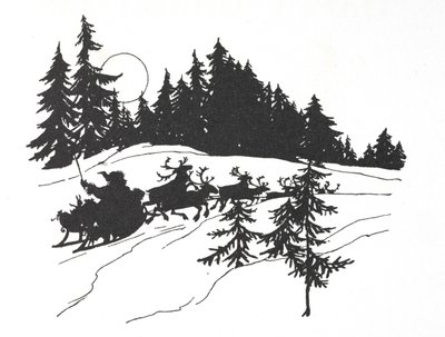 Weihnachtsmann, der durch einen verschneiten Wald auf seinem Schlitten fährt von Arthur Rackham