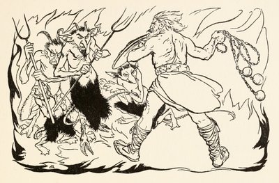 Goll mac Morna stürmt die Hölle, um Fionn und die Fianna-Finn zu retten, aus The Little Brawl at Allen in Irish Fairy Tales von Arthur Rackham