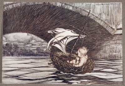 Er ging unter der Brücke hindurch und kam in voller Sicht auf die köstlichen Gärten, aus Peter Pan in Kensington Gardens von J M Barrie, veröffentlicht 1906 von Arthur Rackham