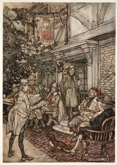 Er tröstete sich, indem er häufig einen Art ewigen Club der Weisen, Philosophen und anderen Müßiggänger besuchte, der seine Sitzungen vor einem kleinen Gasthaus abhielt., aus Rip Van Winkle von Washington von Arthur Rackham