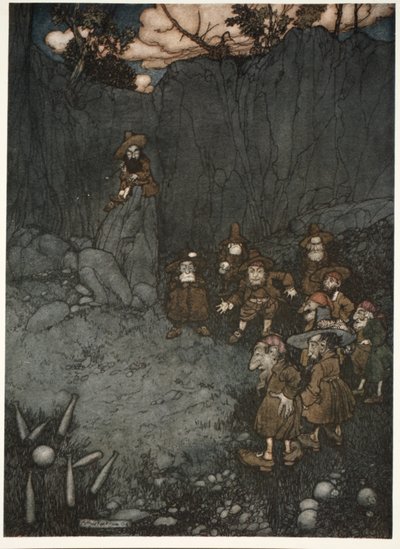 Sein Vater hatte sie in ihren alten holländischen Kleidern beim Kegeln gesehen., aus Rip Van Winkle von Washington Irving, veröffentlicht 1910 von Arthur Rackham