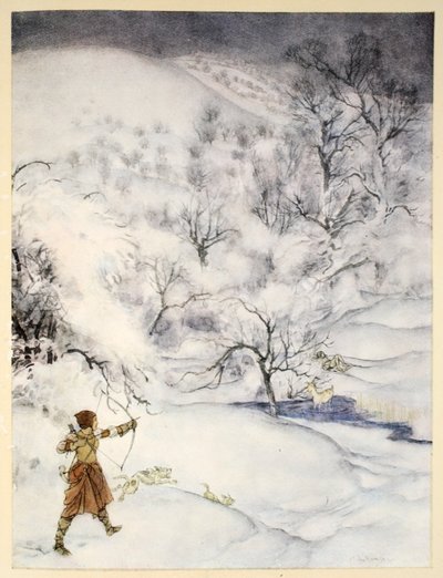Wie Sir Launcelot von einer Dame beim Jagen erschossen wurde, Illustration aus 