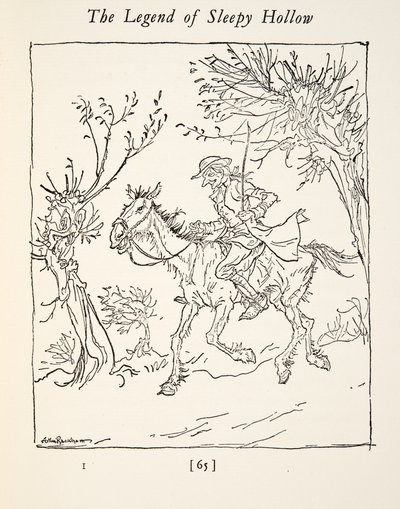 Ichabod Crane flieht vor dem kopflosen Reiter, aus Die Legende von Sleepy Hollow von Washington Irving (1783 - 1859), veröffentlicht 1928 von Arthur Rackham