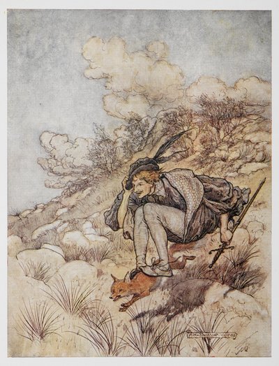 Illustration aus Der goldene Vogel. Ein Prinz reitet auf einem Fuchs von Arthur Rackham