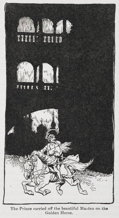 Illustration aus Der goldene Vogel, als der Prinz die Jungfrau auf dem Pferd entführt. von Arthur Rackham