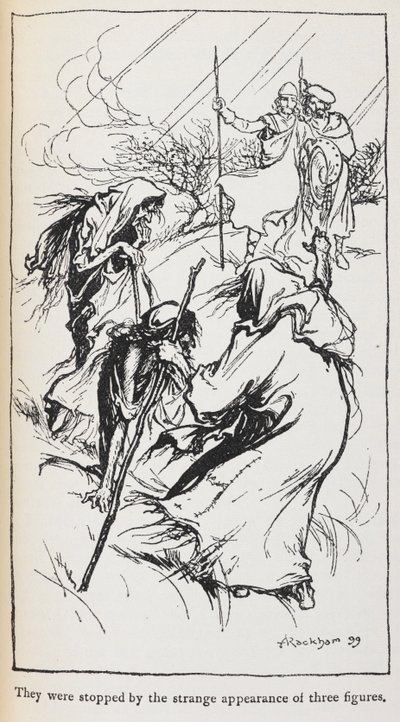 Illustration der drei Hexen, Macbeth und Banquo von Arthur Rackham