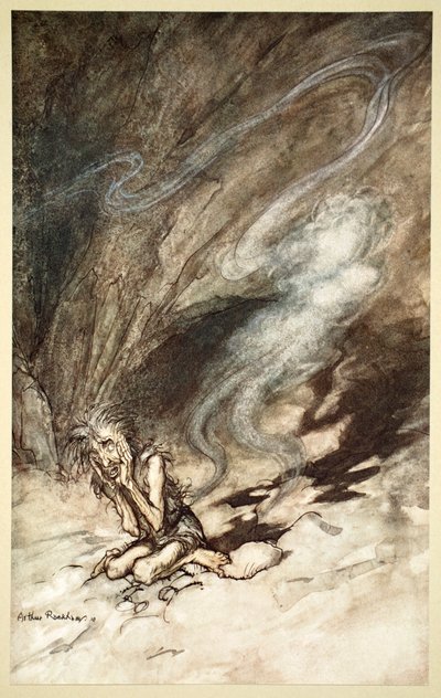 Mime windet sich unter den Schlägen, die er erhält, 1910 von Arthur Rackham