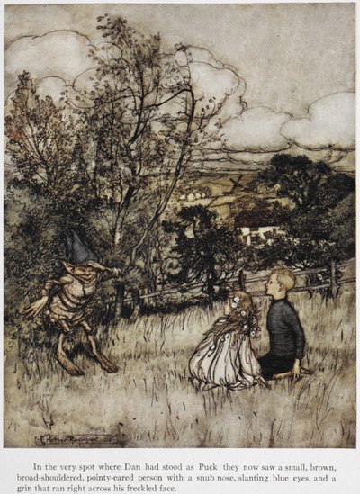 Puck erscheint Dan und Una. Eine Geschichte, die in den Sussex-Hügeln spielt von Arthur Rackham
