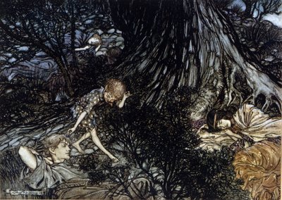 Puck legt einen magischen Filter auf die Augenlider schlafender Charaktere. Illustration von Arthur Rackham (1867-1939) für Ein Sommernachtstraum von William Shakespeare von Arthur Rackham