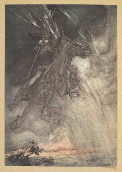 "Wütend reitet Wotan zum Felsen! Wie ein Sturmwind kommt er!" von Arthur Rackham