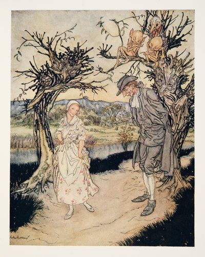 Im Zwielicht schlendernd, aus Die Legende von Sleepy Hollow von Washington Irving (1783 - 1859), veröffentlicht 1928 von Arthur Rackham