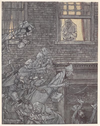 Scrooge an seinem Fenster, beobachtet Geister auf der Straße darunter von Arthur Rackham