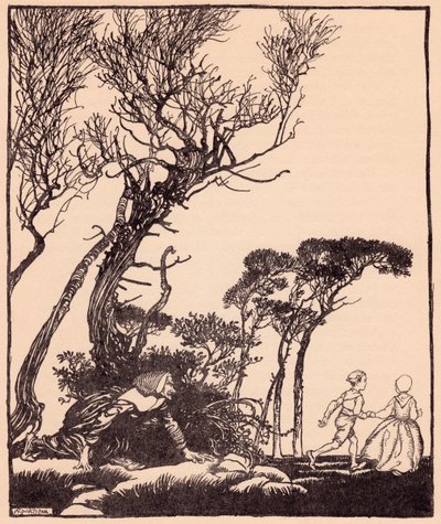 Sie schlich ihnen heimlich nach, wie Hexen es tun. Illustration von Arthur Rackham aus Grimms Märchen Brüderchen und Schwesterchen. von Arthur Rackham