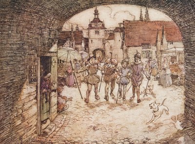 So nahmen die vier Brüder ihre Stöcke in die Hand, verabschiedeten sich von ihrem Vater und verließen das Stadttor, aus Die Märchen der Brüder Grimm, veröffentlicht 1909 von Arthur Rackham