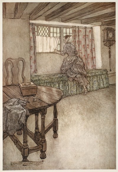 Seltsame Namen standen über den Türen - seltsame Gesichter an den Fenstern - alles war fremd., aus Rip Van Winkle von Washington Irving, veröffentlicht 1910 von Arthur Rackham