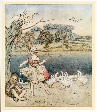Tattercoats tanzt, während der Gänsehirte pfeift, aus Englische Märchen von Arthur Rackham