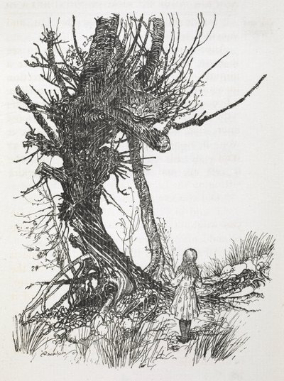 Die Grinsekatze in einem Baum, die auf Alice herabblickt von Arthur Rackham