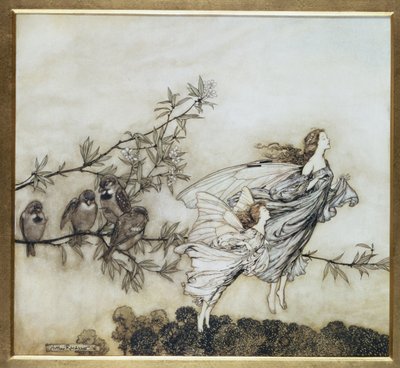 Die Feen haben ihren Streit mit den Vögeln, 1906 Illustration für Peter Pan in Kensington Gardens von J.M. Barrie, veröffentlicht 1906 (Tinte und Aquarell) von Arthur Rackham