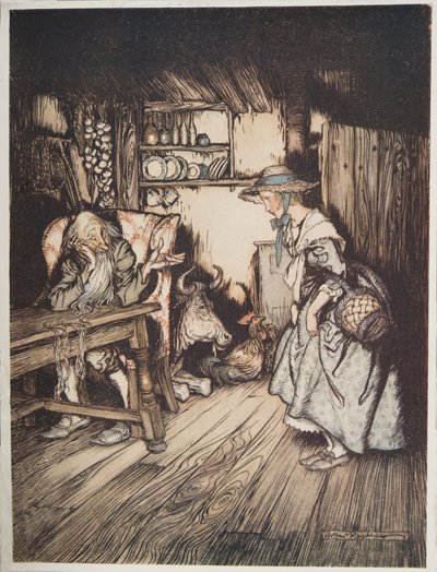 Das Häuschen im Walde, aus Brüderchen & Schwesterchen und andere Märchen der Brüder Grimm, veröffentlicht 1917 von Arthur Rackham