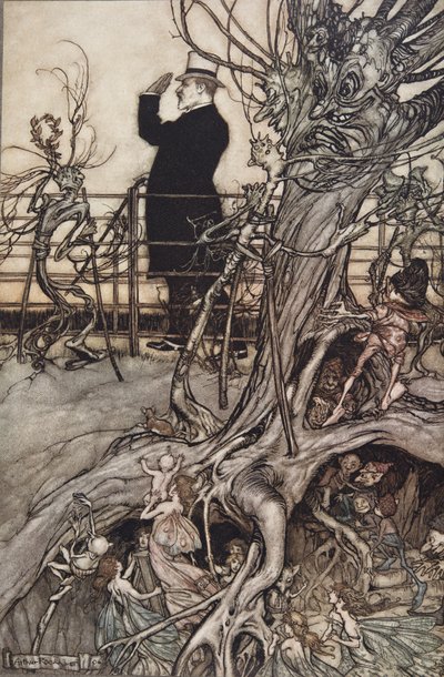 Die Kensington-Gärten sind in London, wo der König lebt, aus Peter Pan in Kensington Gardens von J. M. Barrie, veröffentlicht 1906 von Arthur Rackham