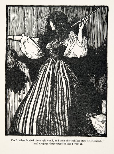 Das Mädchen holte den Zauberstab und ließ dann drei Tropfen Blut aus dem Kopf ihrer Stiefschwester fallen, aus Die Märchen der Brüder Grimm, veröffentlicht 1909 von Arthur Rackham