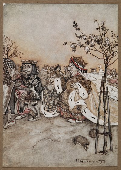Die Herz-Königin schreit wütend nach dem Krocketspiel von Arthur Rackham