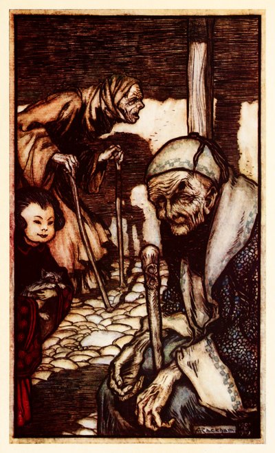 Die Struldbrugs, unglückliche Unsterbliche ohne ewige Jugend, die aus Teil III: Eine Reise nach Laputa, Balnibarbi, Luggnagg, Glubbdubdrib und Japan in Gullivers Reisen von Jonathan Swift erklärt werden von Arthur Rackham