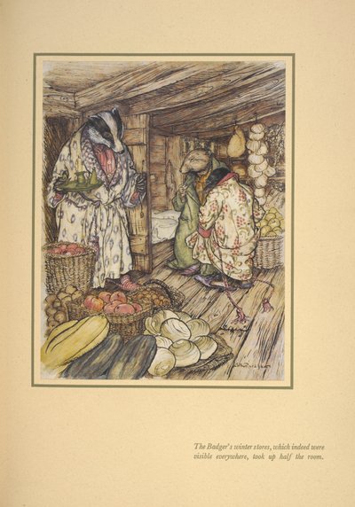 Die Wintervorräte des Dachses, die tatsächlich überall sichtbar waren, nahmen den halben Raum ein. von Arthur Rackham