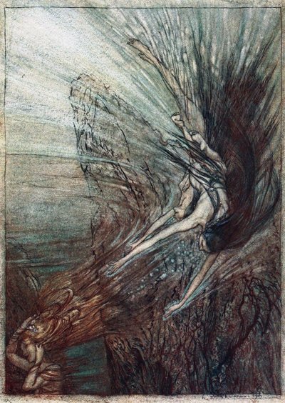 Die Neckerei der Rheintöchter. Illustration für Das Rheingold und Die Walküre von Richard Wagner von Arthur Rackham
