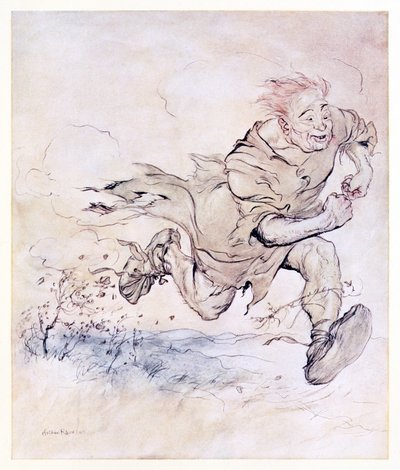 Das Stampfen seiner großen Stiefel wurde so kontinuierlich wie das Prasseln von Hagelkörnern auf einem Dach, und der Wind seines Vorbeigehens riss Bäume um. aus The Carl of the Drab Coat in Irish Fairy Tales von Arthur Rackham