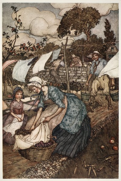 Die Frauen des Dorfes beschäftigten ihn, um solche kleinen Arbeiten zu erledigen, die ihre weniger gefälligen Ehemänner nicht für sie tun würden., aus Rip Van Winkle von Washington Irving, veröffentlicht 1910 von Arthur Rackham