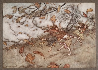 Es gibt fast nichts, das so viel Spaß versteht wie ein gefallenes Blatt, aus Peter Pan in Kensington Gardens von J M Barrie, veröffentlicht 1906 von Arthur Rackham