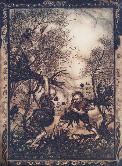 Sie gerieten in solche Wut, dass sie Bäume mit den Wurzeln ausrissen und aufeinander einschlugen, bis sie beide tot umfielen, aus Die Märchen der Brüder Grimm, veröffentlicht 1909 von Arthur Rackham