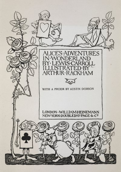Titelseite mit einem Rosenbusch, dem Weißen Kaninchen und Männern, die als Karten verkleidet sind von Arthur Rackham