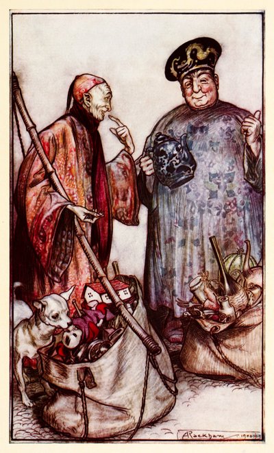 Zwei dieser Weisen... wie Hausierer unter uns (die sich mit den Dingen ausdrücken, die sie mit sich herumtragen), aus Teil III: Eine Reise nach Laputa, Balnibarbi, Luggnagg, Glubbdubdrib und Japan in Gullivers Reisen von Arthur Rackham