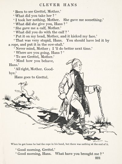 Als er nach Hause kam, hatte er das Seil in der Hand, aber es war nichts daran, aus Die Märchen der Brüder Grimm, veröffentlicht 1909 von Arthur Rackham
